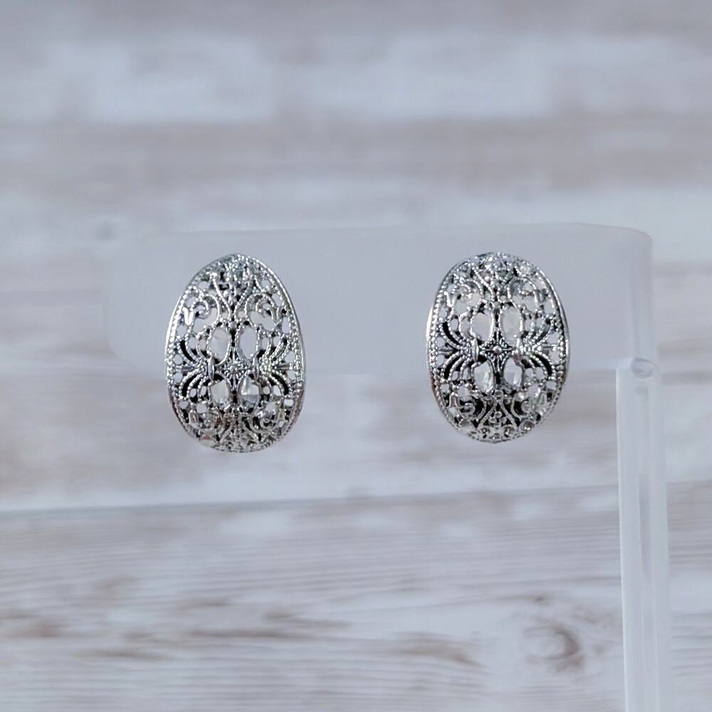Vintage Clip On Earrings Ornate Silver Tone Curved 0.75"